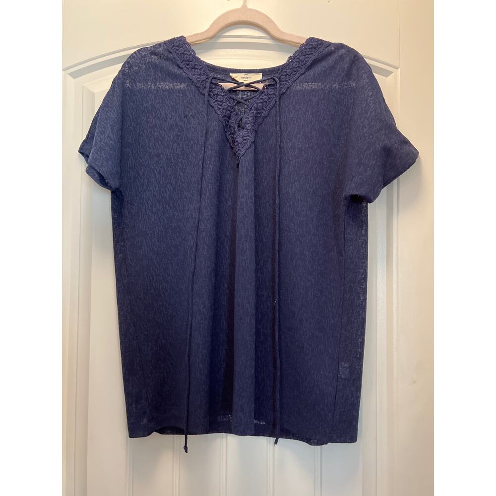 Entro Women’s Lace-up Sheer V-Neck Short Sleeves Pullover Casual Top Size S Blue